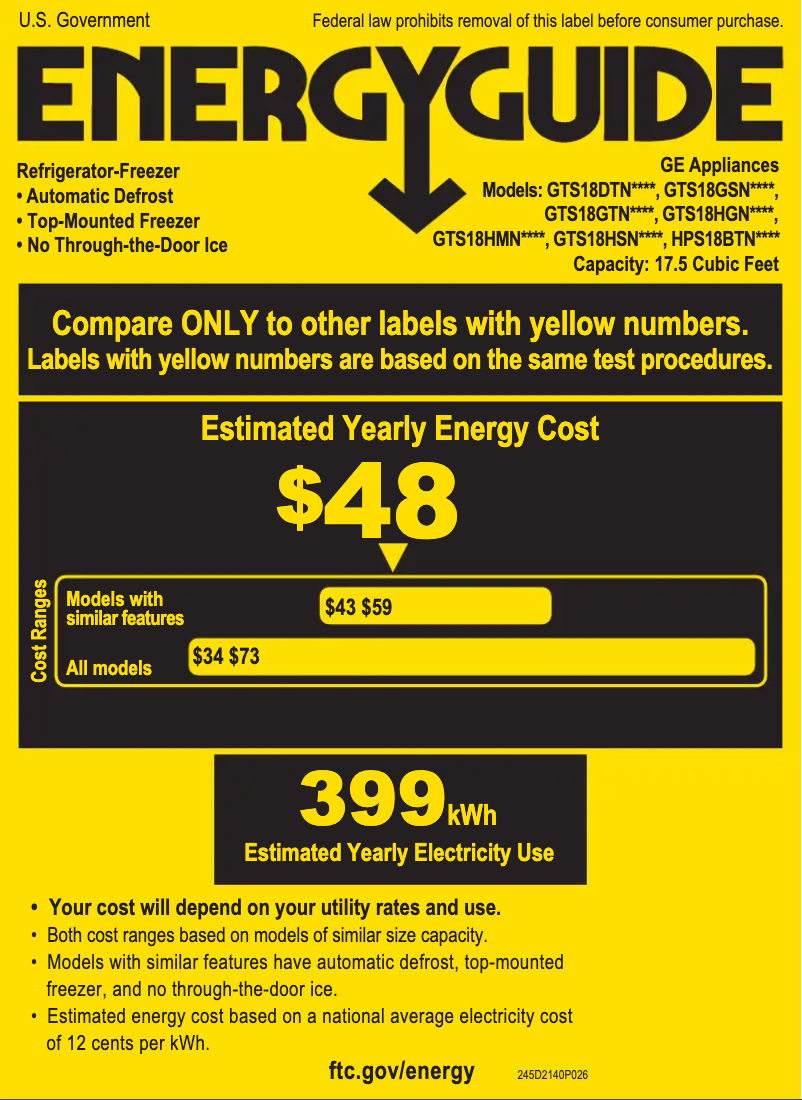 Page 1 de la notice Label énergétique GE HPS18BTNRBB