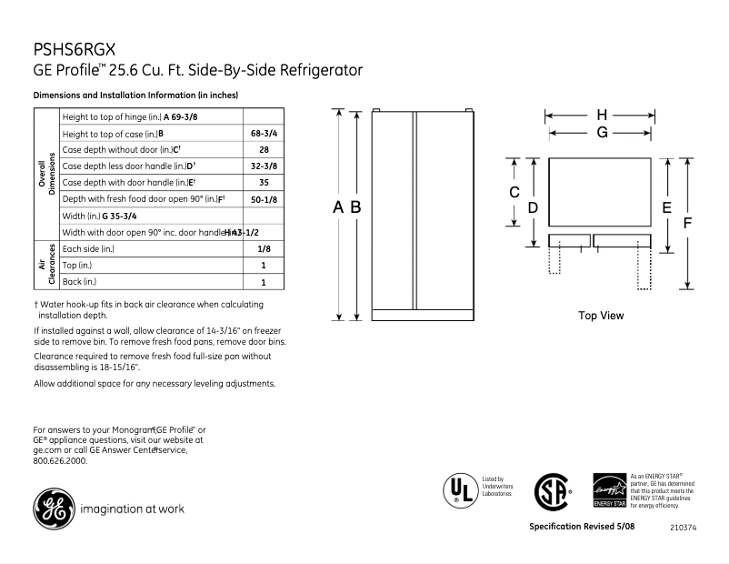 Page n°1 - Fiche technique GE Profile PSHS6RGXSS