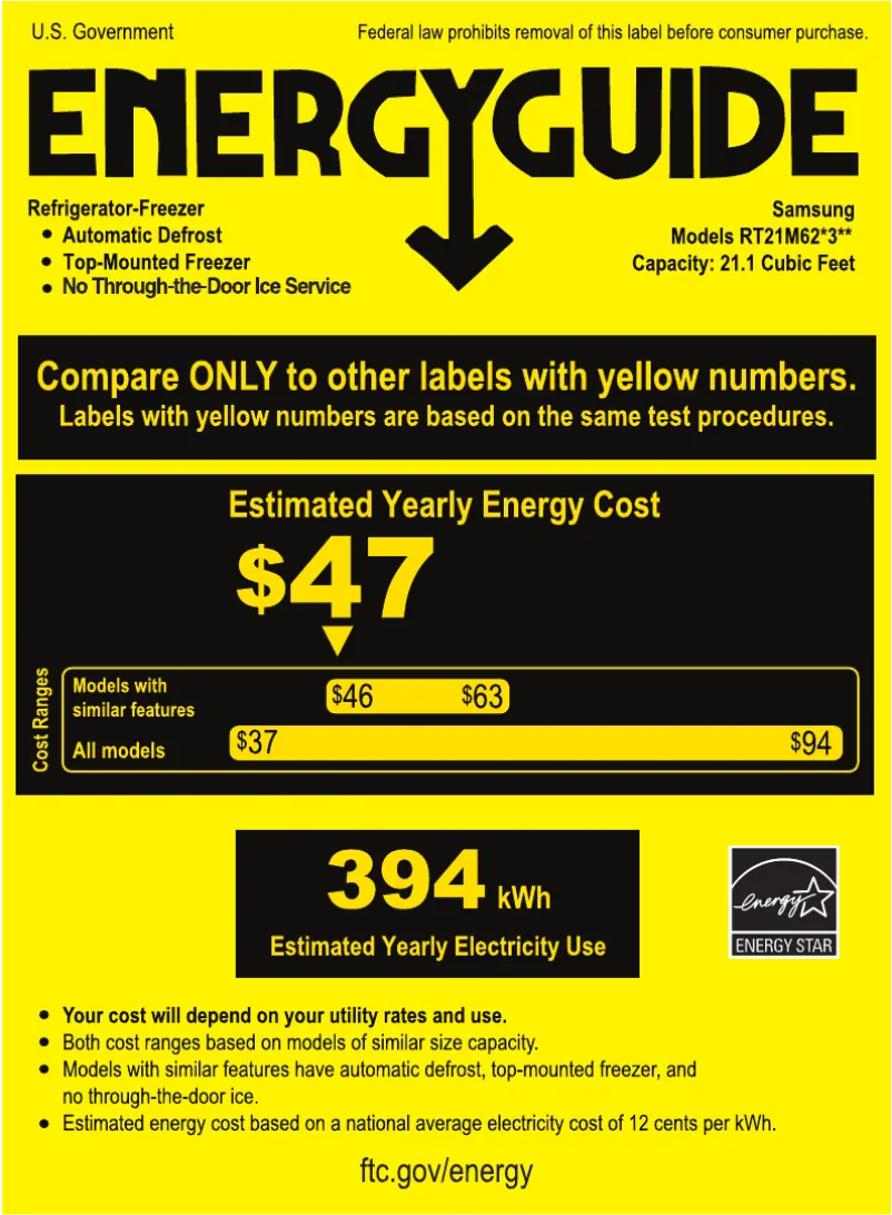 Page 1 de la notice Label énergétique Samsung RT21M6213SR/AA