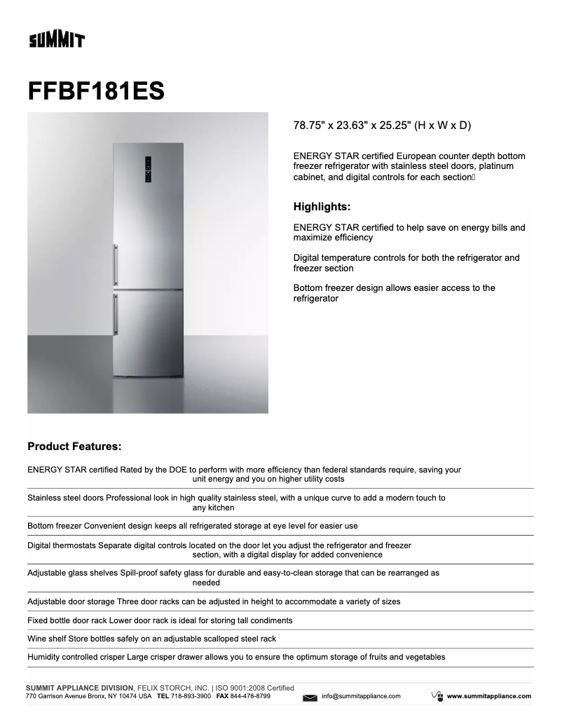 Page 1 de la notice Fiche technique Summit FFBF181ES