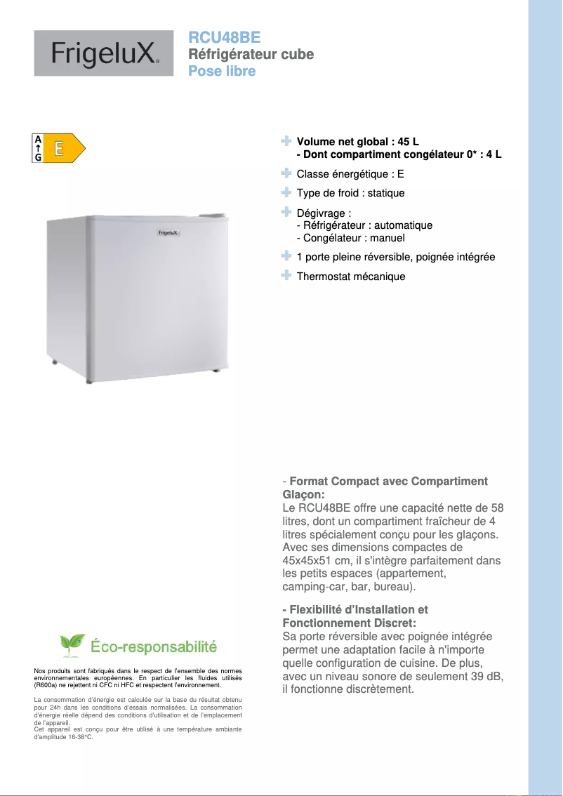 Página 1 del manual Ficha técnica FrigeluX RCU48BE