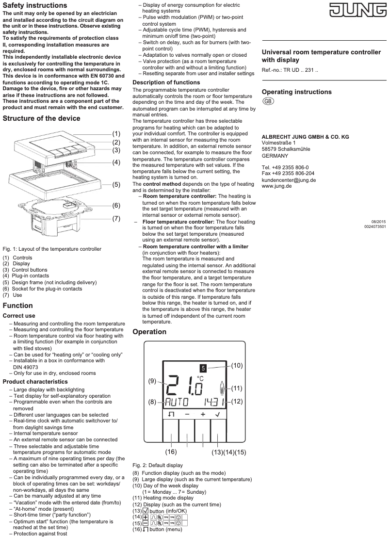 Page 1 de la notice Manuel utilisateur JUNG TRUDME231