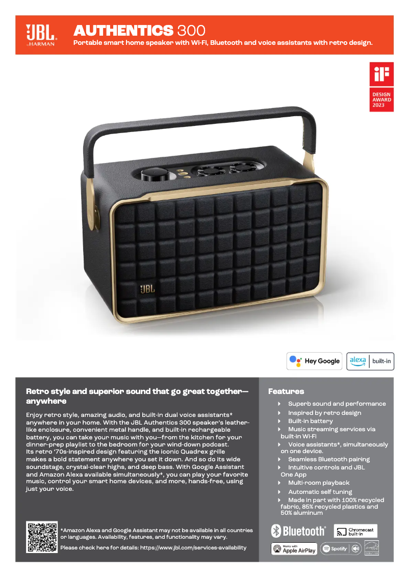 Page 1 de la notice Fiche technique JBL Authentics 300