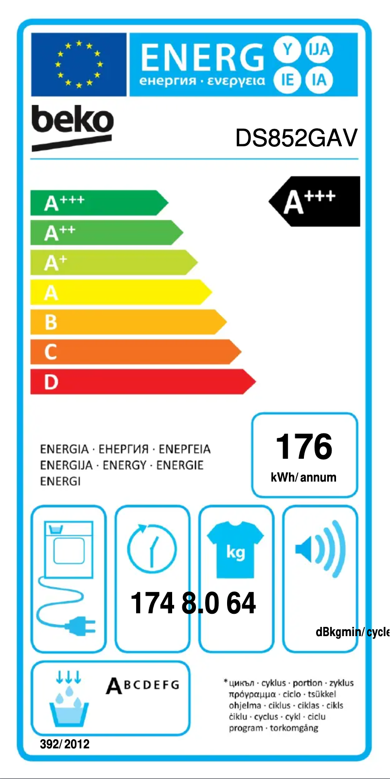 Page 1 de la notice Label énergétique Beko DS852GAV