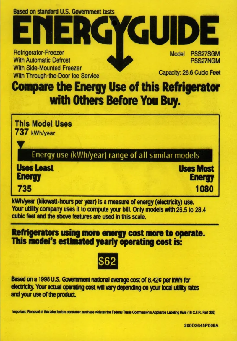 Página 1 del manual Etiqueta energética GE Profile Arctica PSS27NGMBB