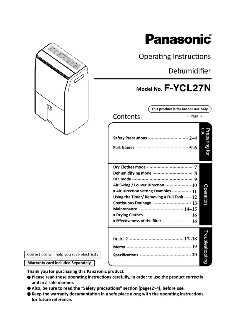 Page 1 de la notice Manuel utilisateur Panasonic F-YCL27N