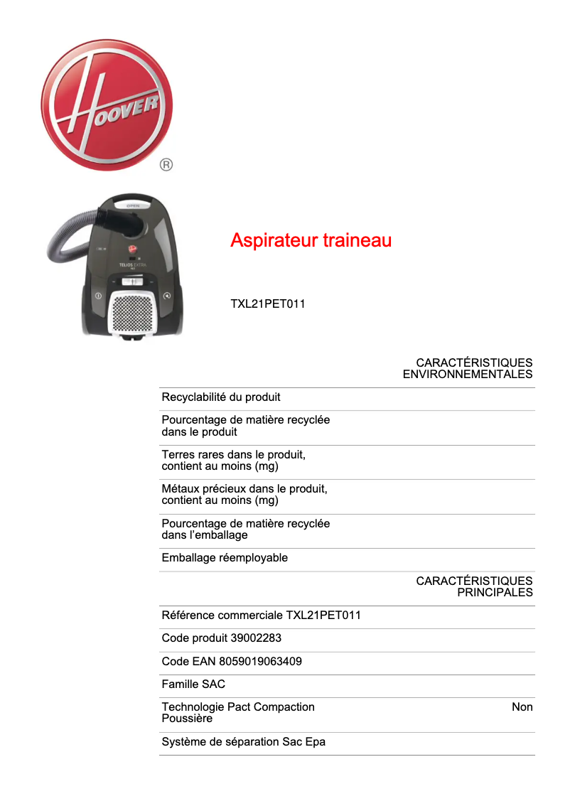 Página 1 del manual Ficha técnica Hoover Telios Extra Lite TXL21PET011