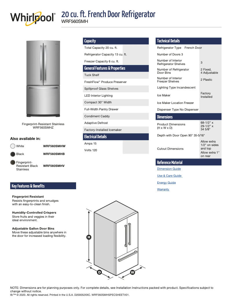 Page 1 of the manual Technical Sheet Whirlpool WRF560SMHZ