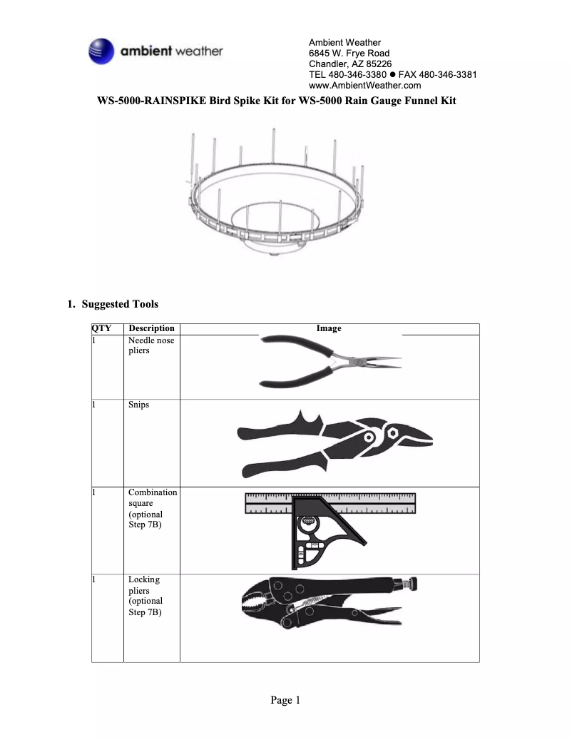 Page 1 de la notice Manuel utilisateur Ambient Weather WS-5000-RAINSPIKE
