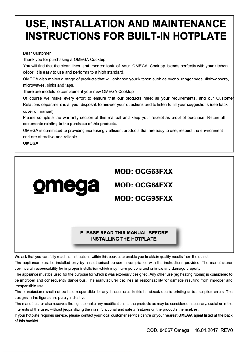 Page 1 de la notice Manuel utilisateur Omega OCG64FFX