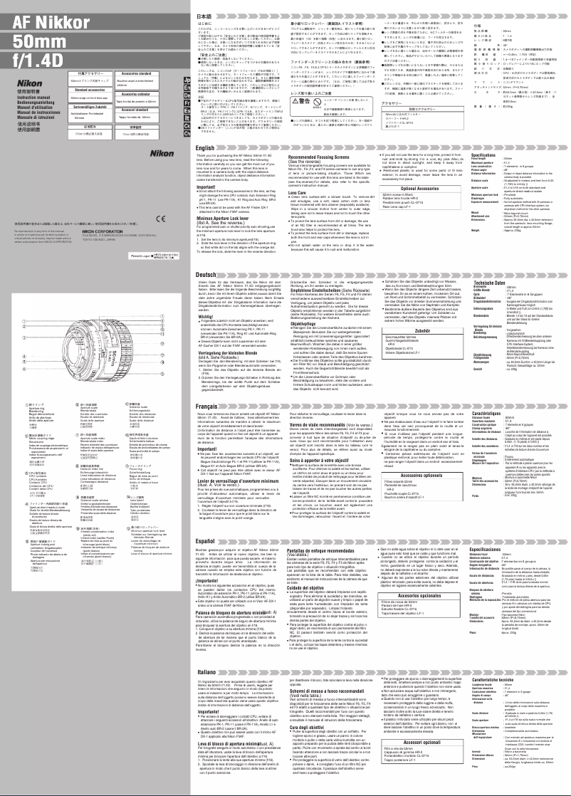Page 1 de la notice Manuel utilisateur Nikon AF-D 50mm f/1.4