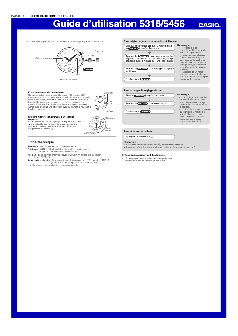 Page 1 de la notice Manuel utilisateur Casio Sheen SHE-3807SPG-7AUER