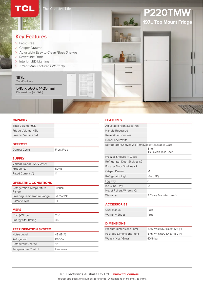 Page 1 de la notice Fiche technique TCL P220TMW