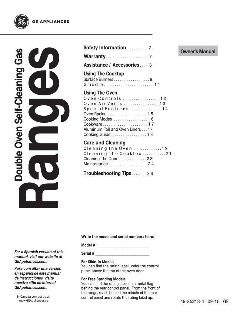 Página 1 del manual Manual de uso y mantenimiento GE PGS950SEFSS
