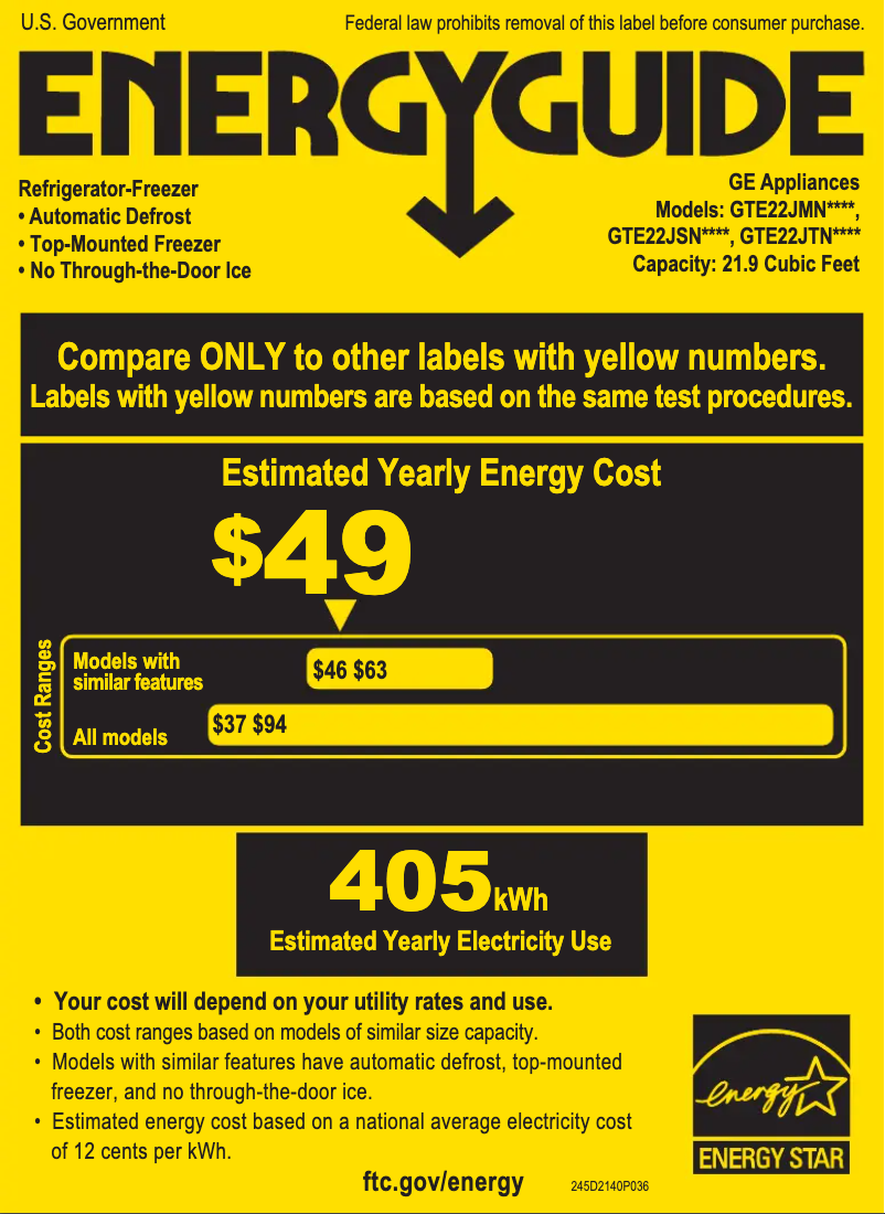 Page 1 de la notice Label énergétique GE GTE22JTNRWW