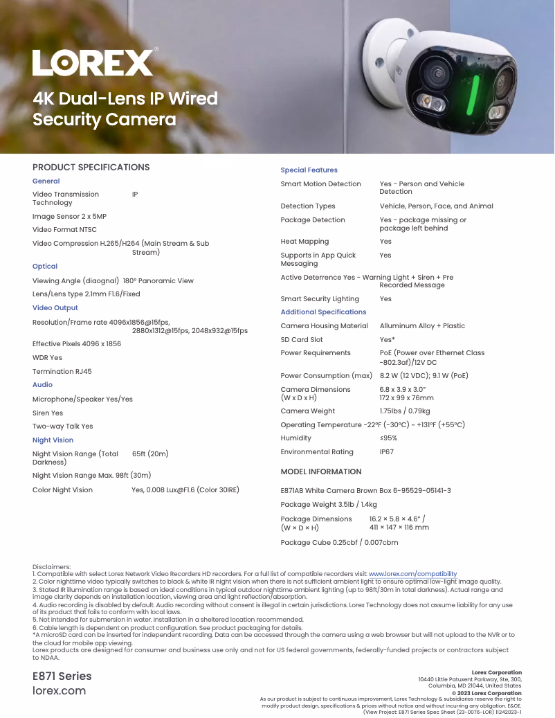 Page 1 of the manual Technical Sheet Lorex E871AB
