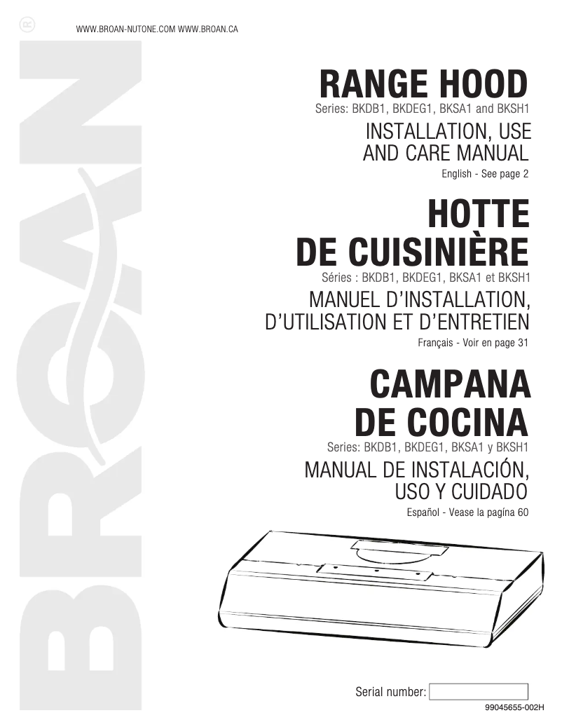Page 1 de la notice Guide d'installation Broan BKDEG130BL