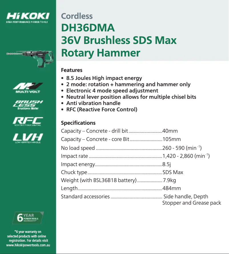 Page 1 de la notice Fiche technique HiKOKI DH36DMA