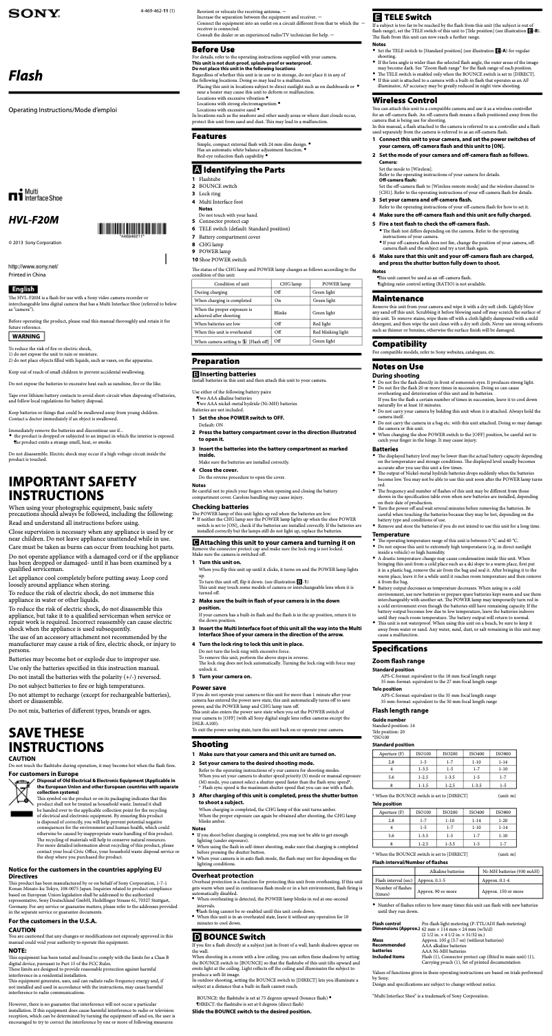 Page n°1 - Manuel utilisateur Sony HVL-F20M