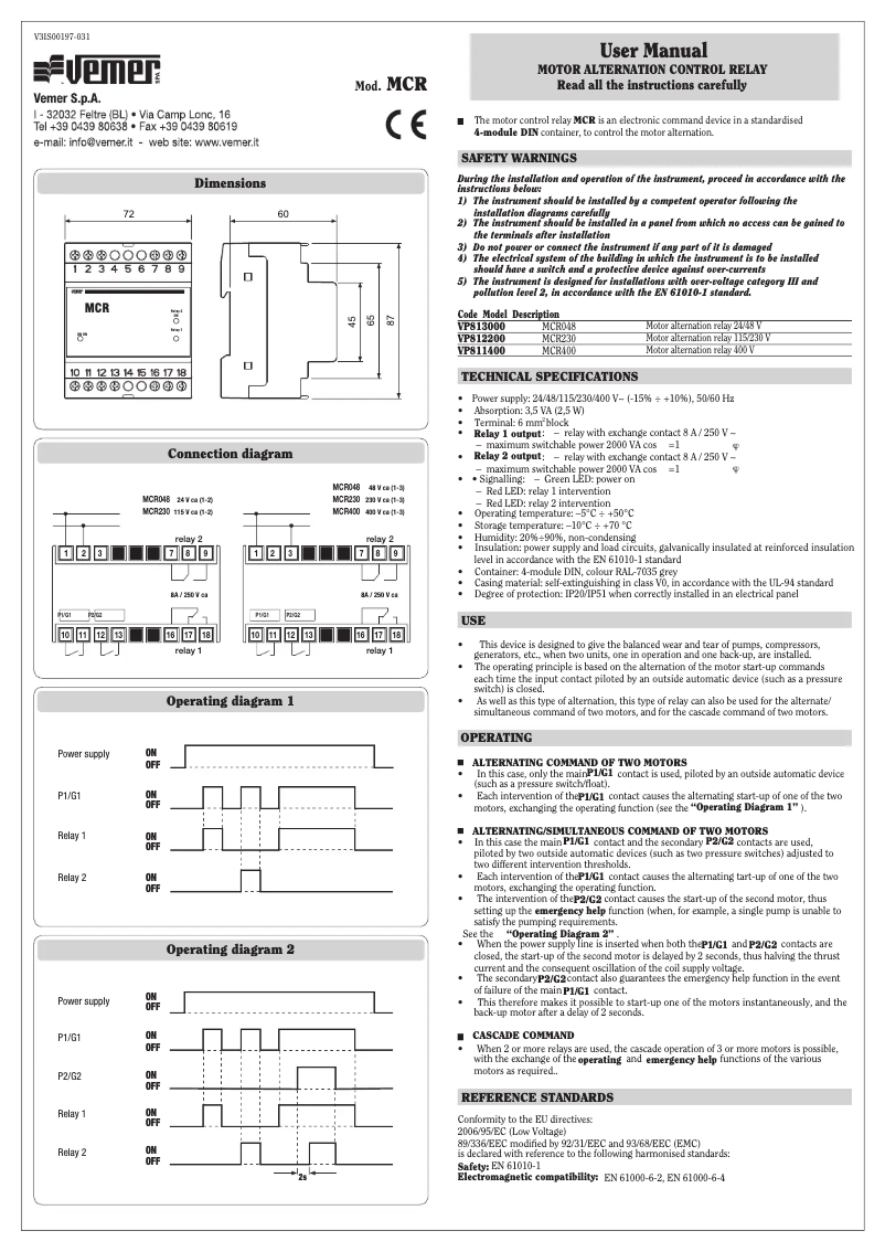 Page 1 de la notice Manuel utilisateur Vemer MCR048