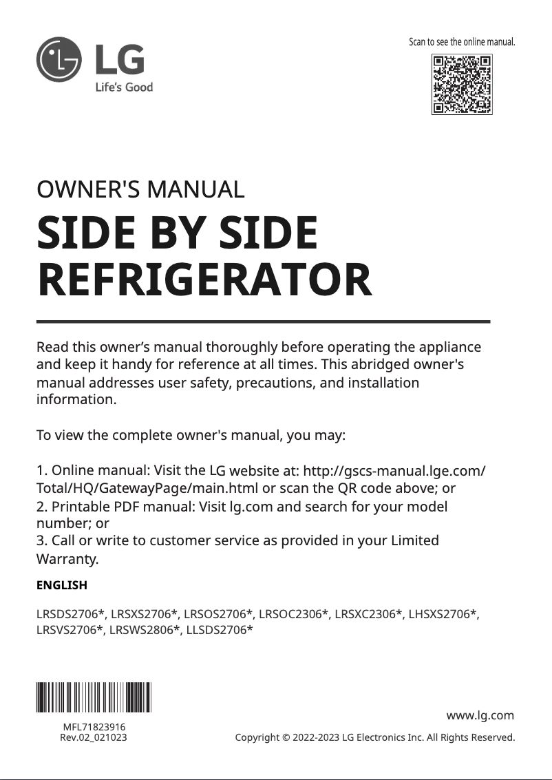 Page 1 de la notice Manuel utilisateur LG LRSVS2706S