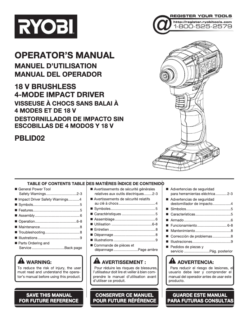 Page 1 of the manual User Manual RYOBI One+ PBLID02