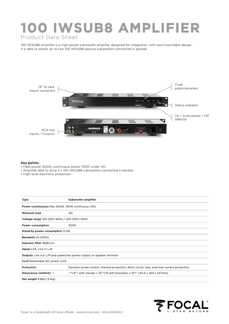 Page 1 de la notice Fiche technique Focal 100 IWSUB8