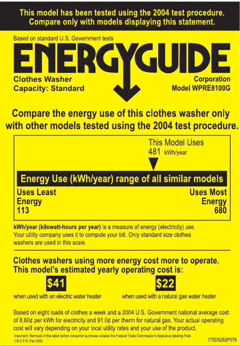 Page 1 de la notice Label énergétique GE Profile WPRE8100GWT