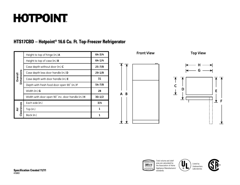 Page 1 de la notice Fiche technique Hotpoint HTS17CBDCC