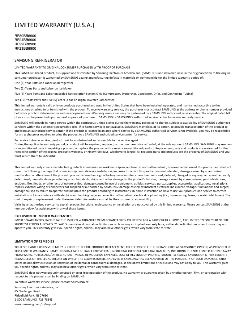 Página 1 del manual Información de garantía Samsung RF29BB8900AW