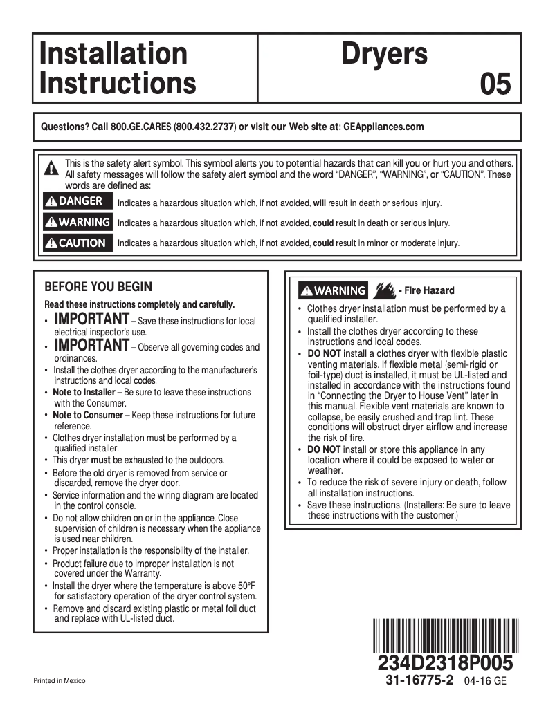 Page n°1 - Guide d'installation GE HTX24EASKWS