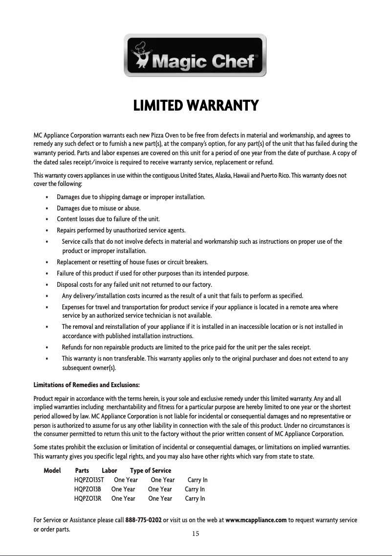 Page 1 de la notice Informations de garantie Magic Chef HQPZO13ST
