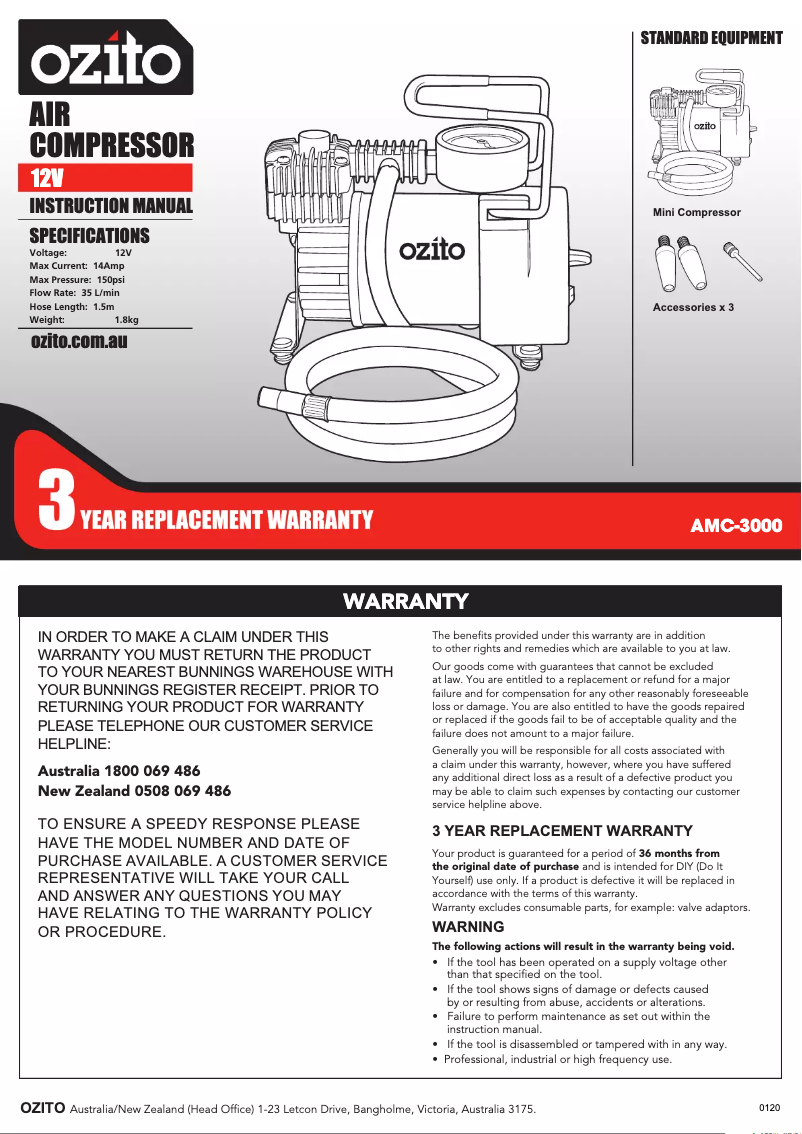 Page 1 de la notice Manuel utilisateur Ozito AMC-3000