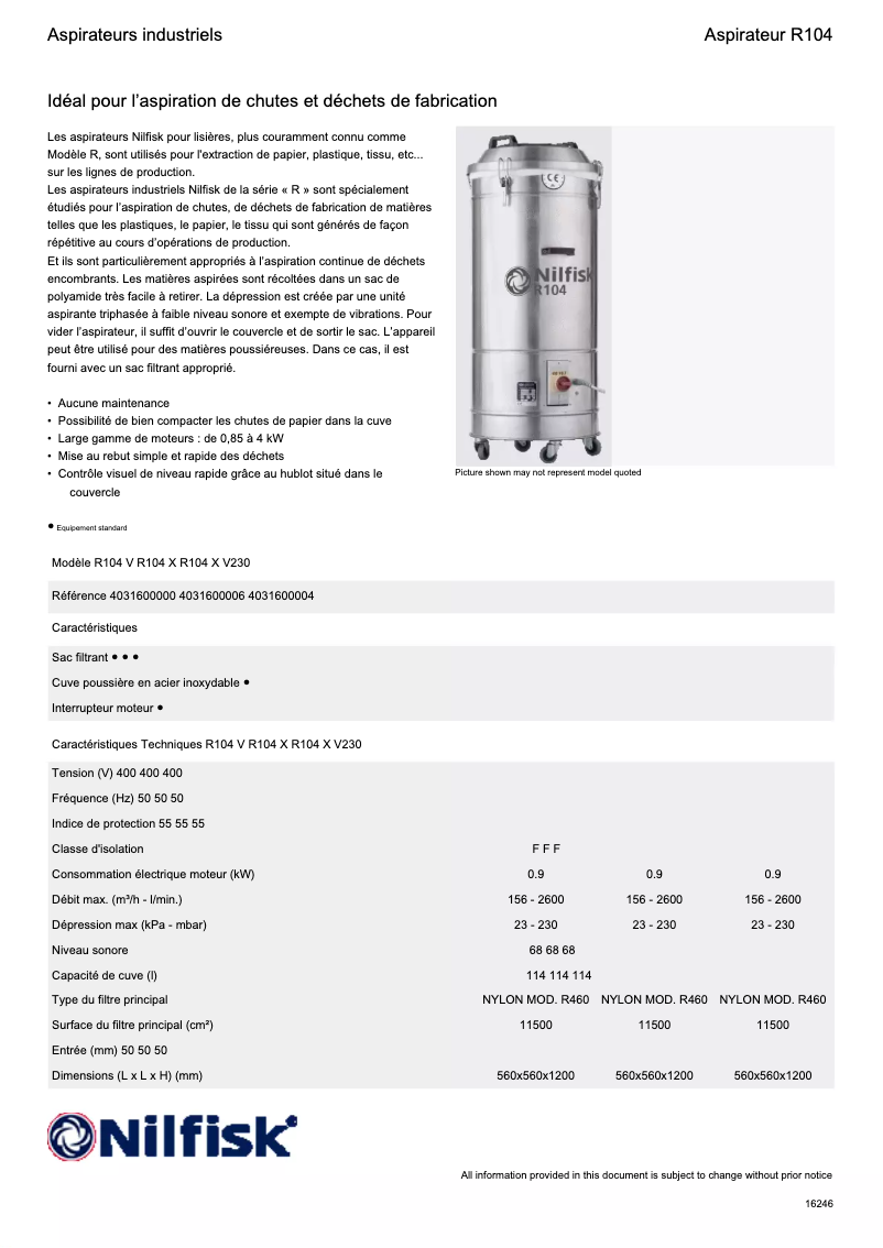 Page 1 de la notice Fiche technique Nilfisk R104