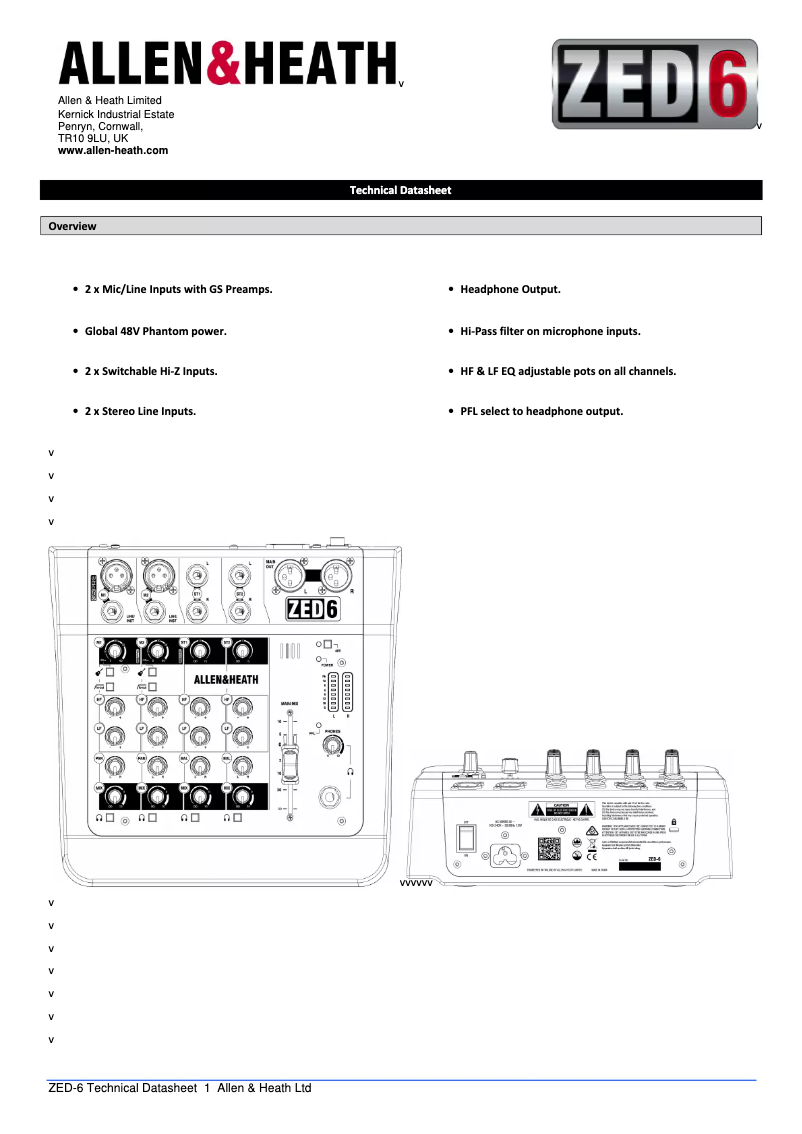 Page 1 de la notice Fiche technique Allen & Heath ZED-6