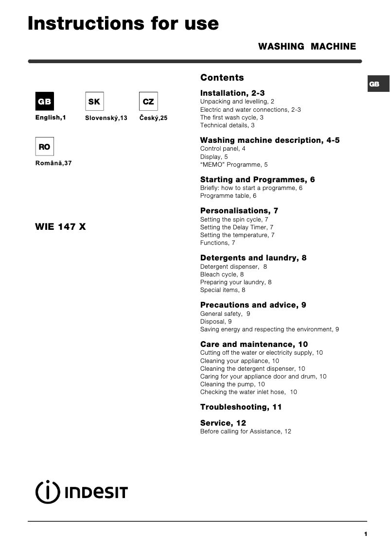 Page n°1 - Manuel utilisateur Indesit WIE 147 X (EX)