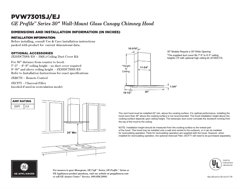 Page n°1 - Fiche technique GE Profile PVW7301SJSS