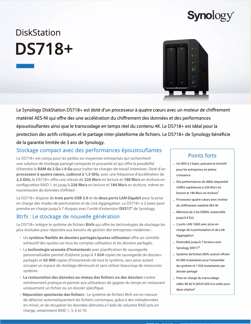 Page 1 de la notice Fiche technique Synology DiskStation DS718+