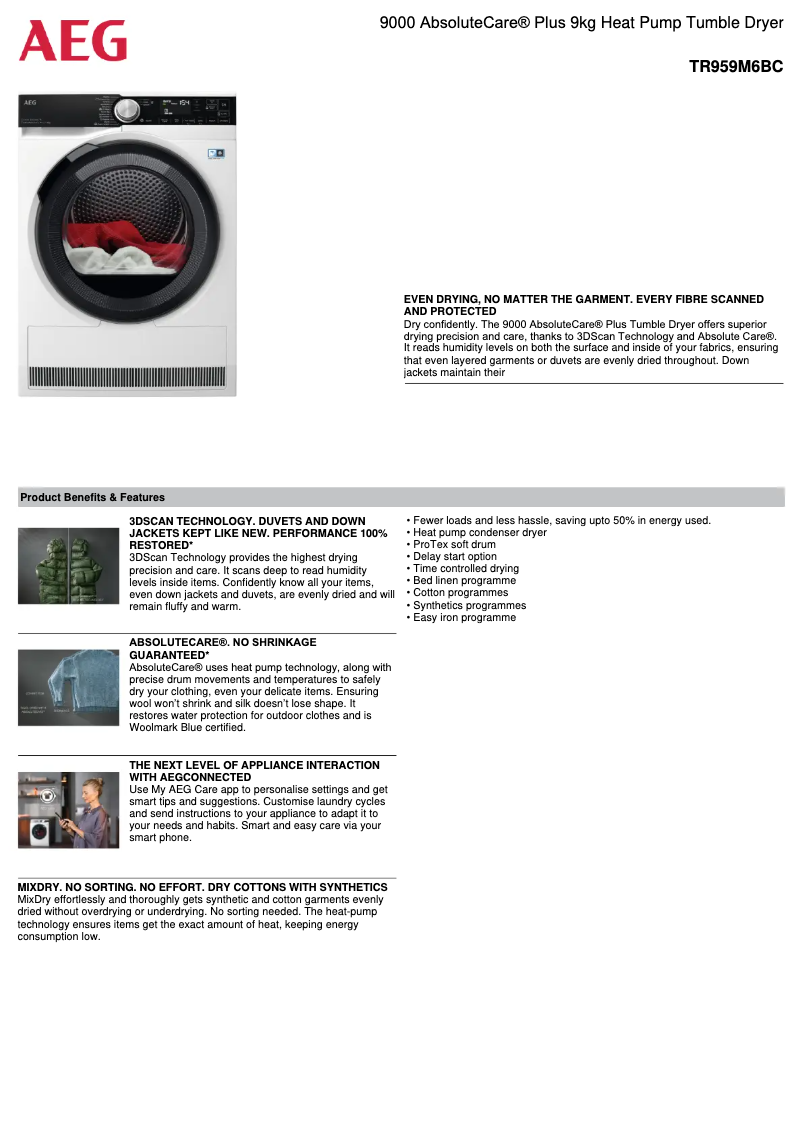 Page 1 de la notice Fiche technique AEG TR959M6BC