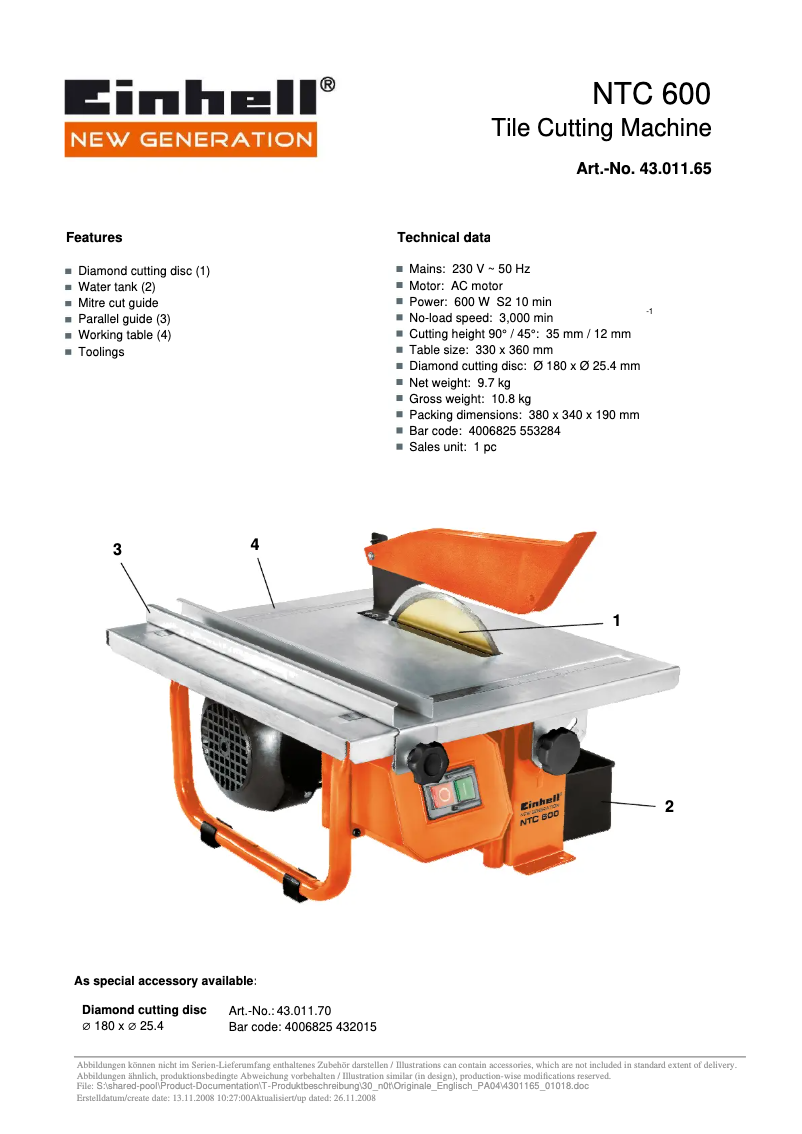 Page 1 de la notice Manuel utilisateur Einhell NTC 600