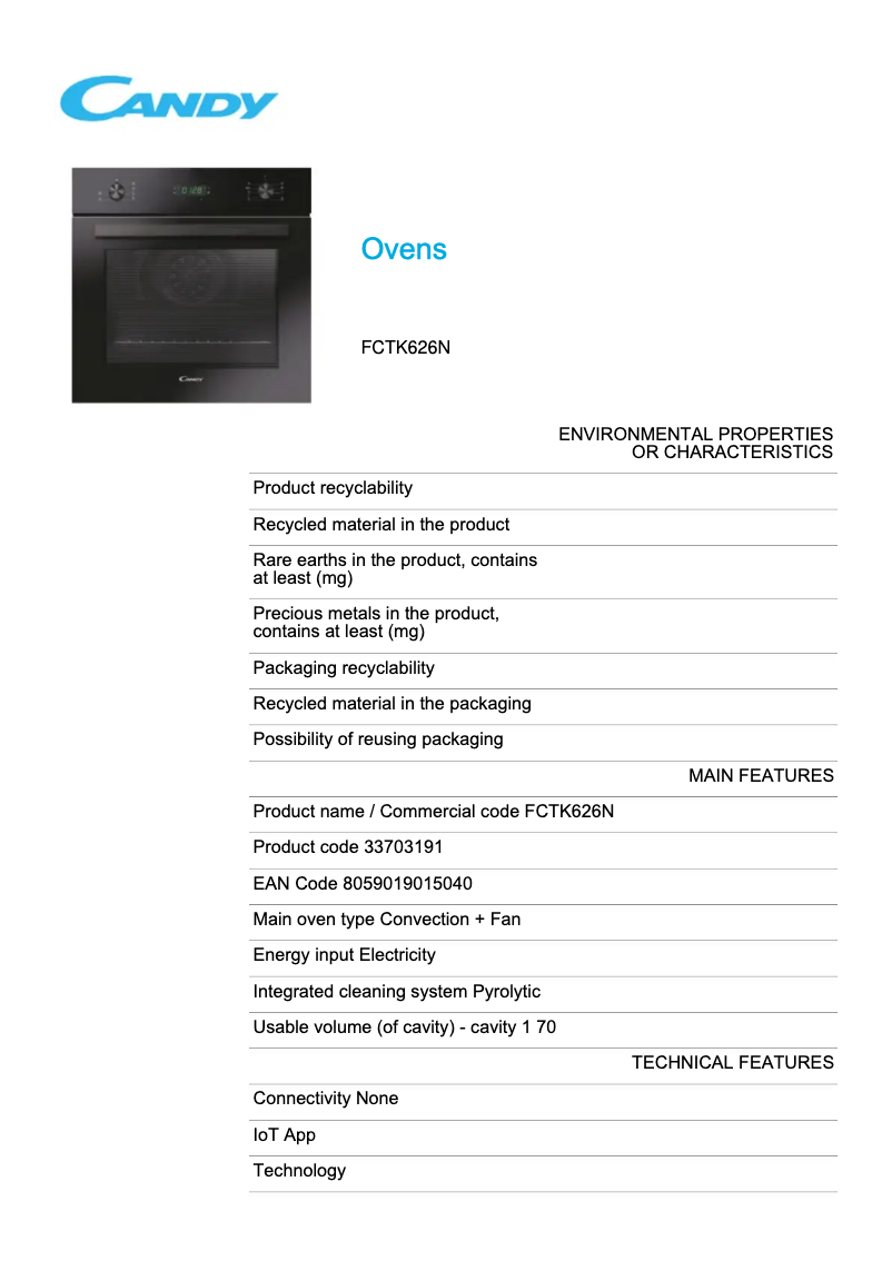 Page 1 of the manual Technical Sheet Candy FCTK626N