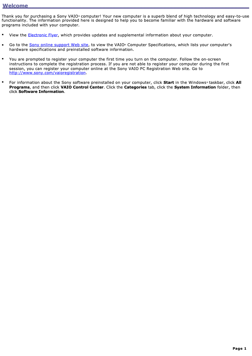 Page 1 de la notice Manuel utilisateur Sony Vaio VGC-RA849G