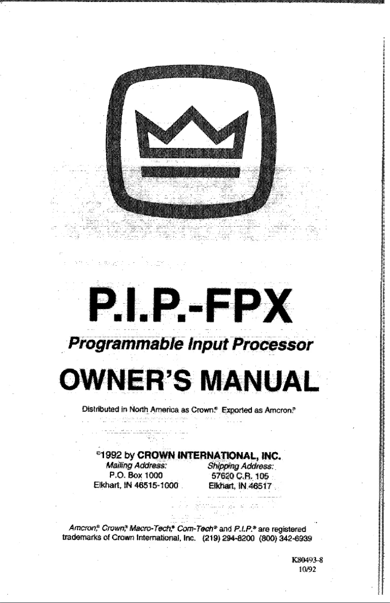 Page 1 de la notice Manuel utilisateur Crown P.I.P.-FPX