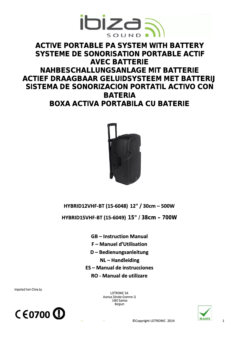 Page 1 de la notice Manuel utilisateur Ibiza Sound HYBRID15VHF-BT