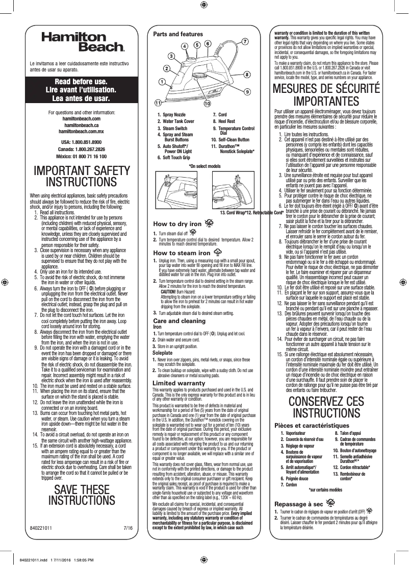 Page 1 of the manual Instruction Manual Hamilton Beach Durathon 19803