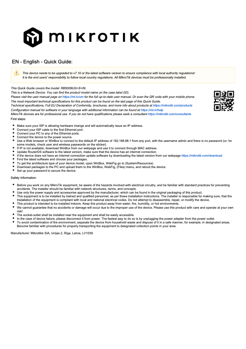 Page 1 de la notice Manuel utilisateur Mikrotik RB5009UG+S+IN