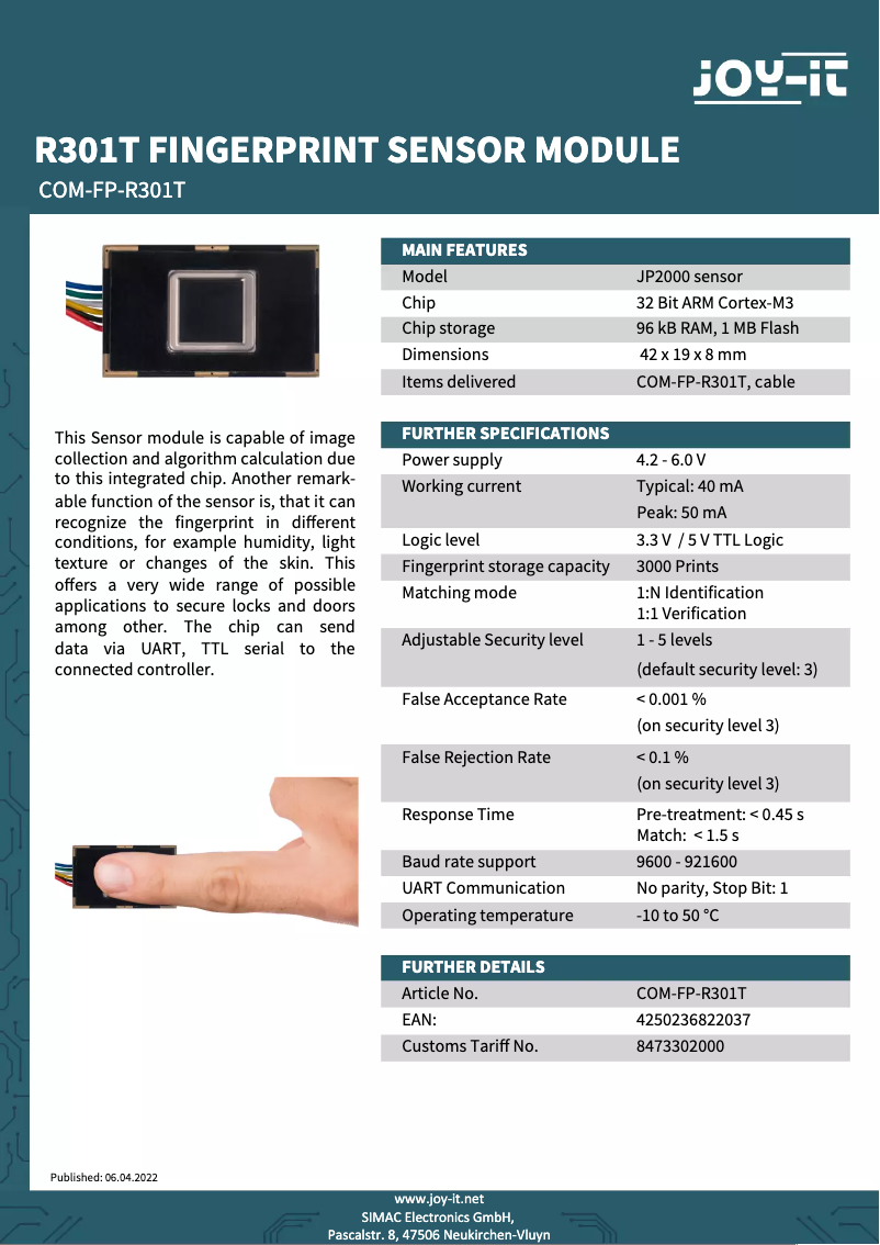 Page 1 de la notice Fiche technique Joy-It COM-FP-R301T