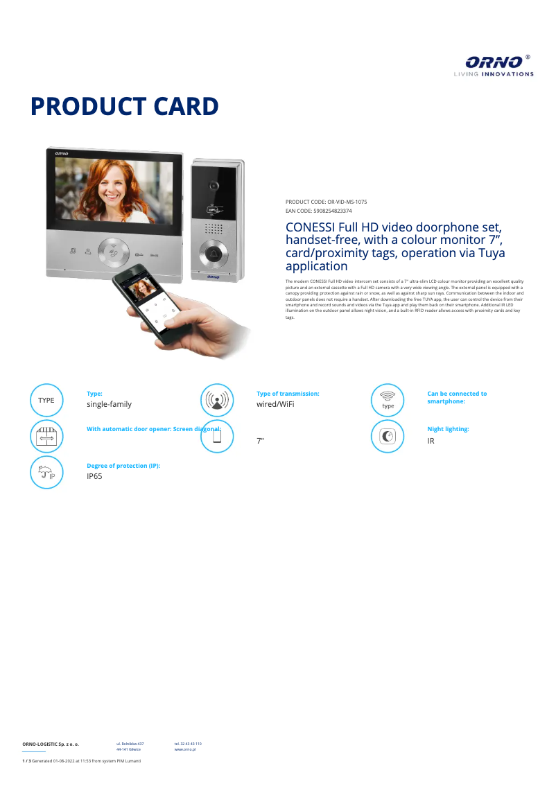 Página 1 del manual Ficha técnica ORNO OR-VID-MS-1075