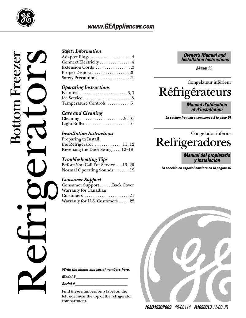 Page n°1 - Manuel d'utilisation et d'entretien GE GBS22LBMCC