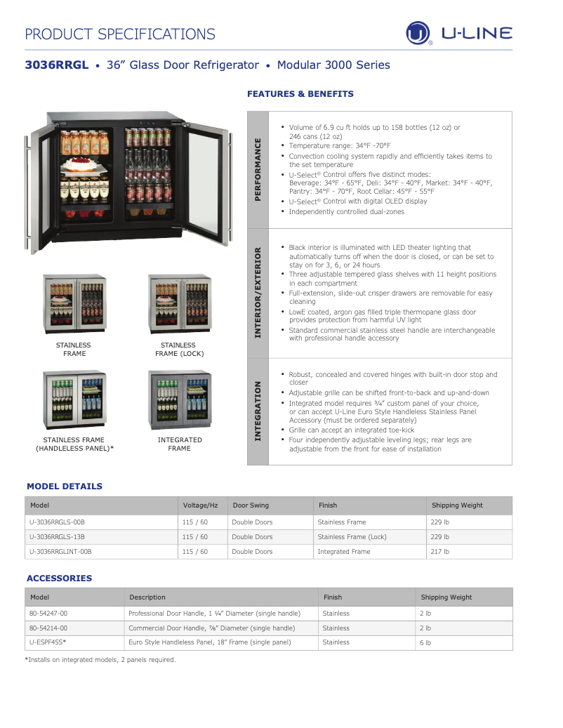 Page 1 de la notice Fiche technique U-Line U-3036RRGL